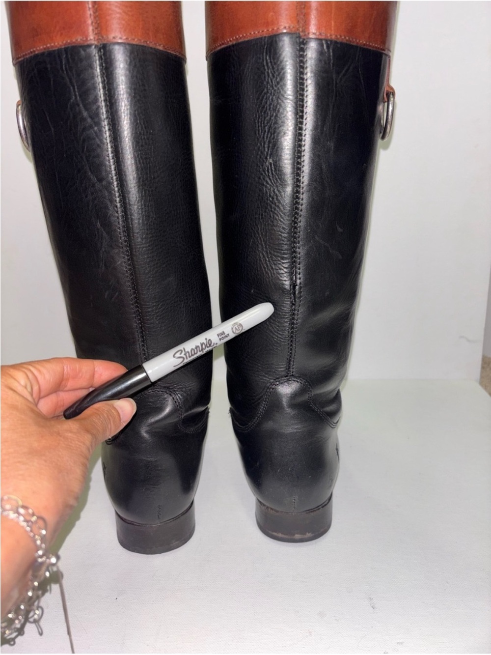 Frye Melissa Logo Black Brown Tall Leather Riding Boots Size 8.5 - Picture 14 of 14
